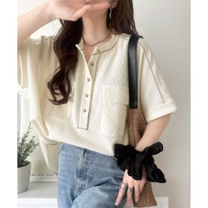 tシャツ 「JaVaジャバコラボ」ゆるさが、サマになる。ヘンリーネック配色ステッチワッフルトップス（半袖） レディース｜ZOZOTOWN Yahoo!店