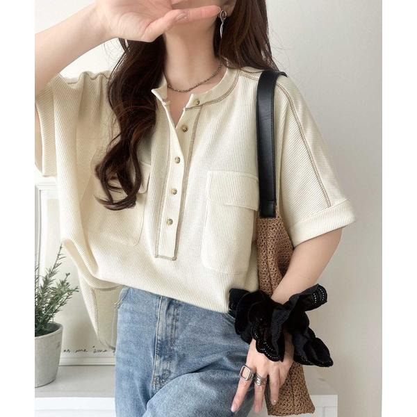 tシャツ 「JaVaジャバコラボ」ゆるさが、サマになる。ヘンリーネック配色ステッチワッフルトップス（...