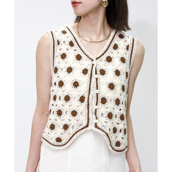 ベスト ジレ 配色クロシェベスト レディース