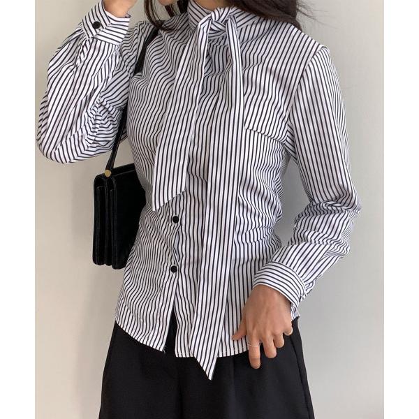 ブラウス シャツ タイ付き ストライプ柄 ウエストマーク シャツ レディース