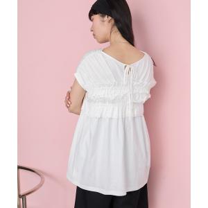 tシャツ 「forksy.」「エブリデイシリーズ」前後2way シャーリング カットフリル ショートスリーブTシャツ レディース