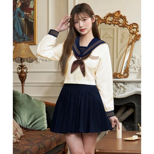 コスプレ 「制服コスプレ3点セット」クリームベージュセーラー服 長袖（手洗い可能）