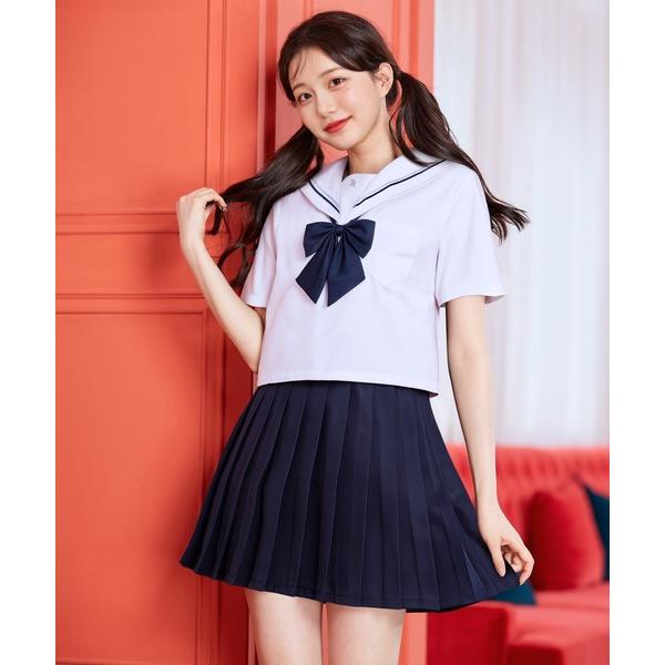コスプレ 「制服コスプレ3点セット」ホワイト×ネイビーセーラー服 半袖（手洗い可能）