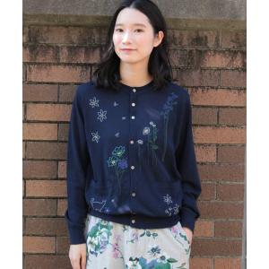 カーディガン ハイツイストコットン　ステムペタルスケッチ刺繍ニットカーディガン レディース
