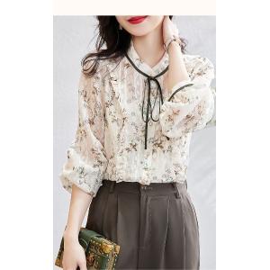 ブラウス シャツ リボン花柄ブラウス レディース