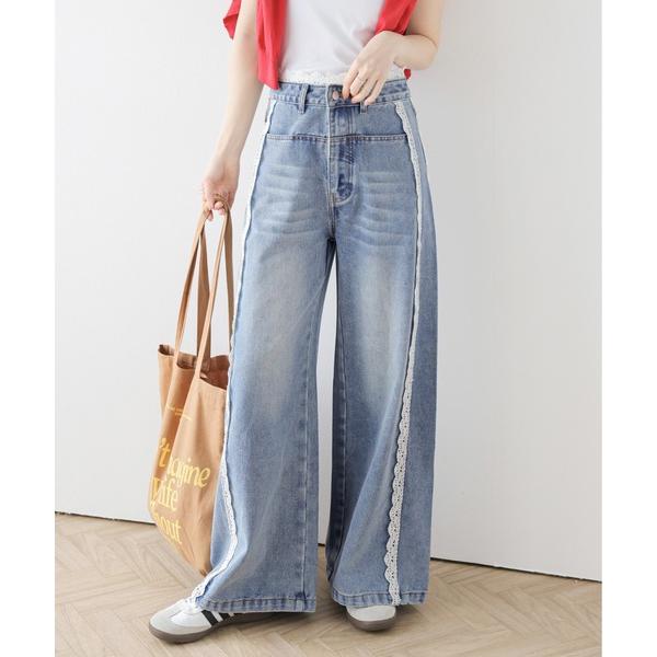 ワイドパンツ ジーンズ デニム デニムパンツ レースデザインワイドデニムパンツ レディース