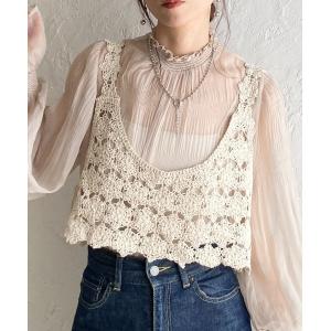 ベスト ジレ ショート丈 深Uネック かぎ編み ...の商品画像