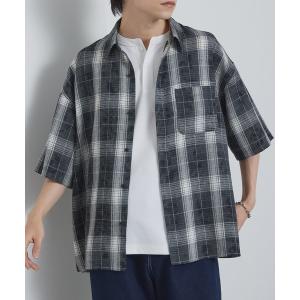 シャツ 半袖 ヴィンテージ加工 オンブレチェック オーバーサイズ サイドスリット 半袖シャツ メンズ レディース