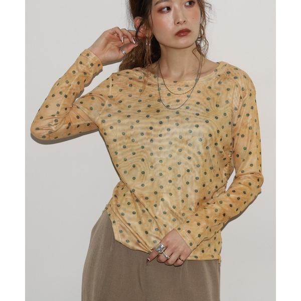 tシャツ ドット柄サイドシャーリングチュールレーストップス 長袖 レディース