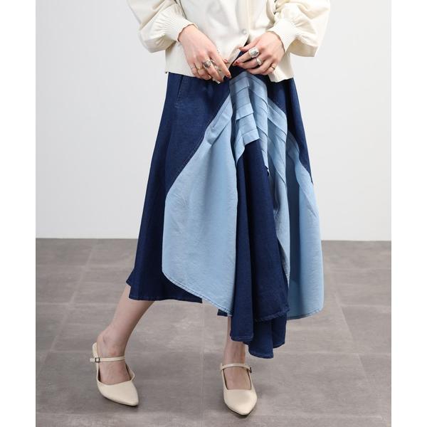 デニムスカート リメイク風アシンメトリーピンタックデニムスカート