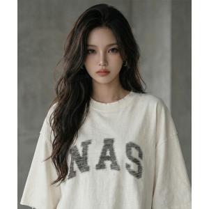 tシャツ 韓国ファッション　NASパンチングロゴヴィンテージ風半袖Tシャツ レディース メンズ