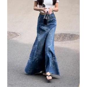 スカート 刺繍デニムロングスカート