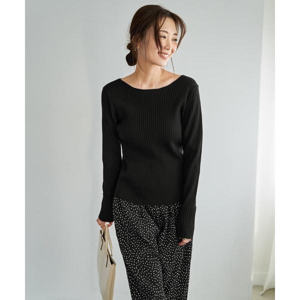 ニット セーター 袖口折り返しボートネックリブトップス レディース