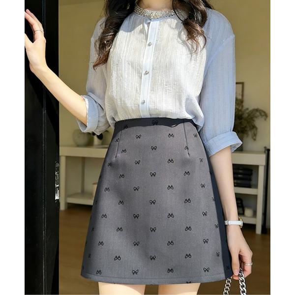 スカート リボン刺繍台形スカート