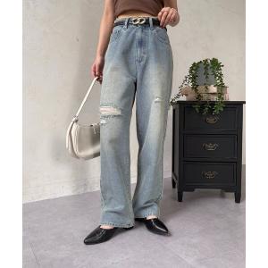 パンツ ハイウエストダメージデニム レディース