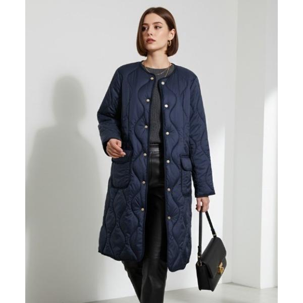 ダウンコート ダウンジャケット キルティング中綿ロングコート / 軽量ファイバーダウン / ノーカラ...