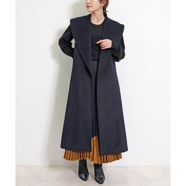 コート アウター ビッグカラー ロングジレ / ウール混 ベルテッド ロングベスト / レイヤードベ...