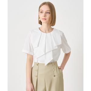 ブラウス シャツ 半袖 コットンポリブロードラッフルブラウス レディース