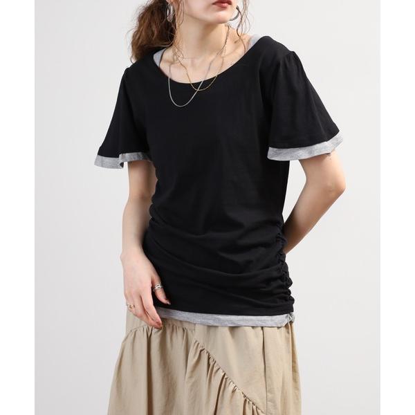 tシャツ フレア袖シャーリングバイカラーカットソー 半袖 レディース