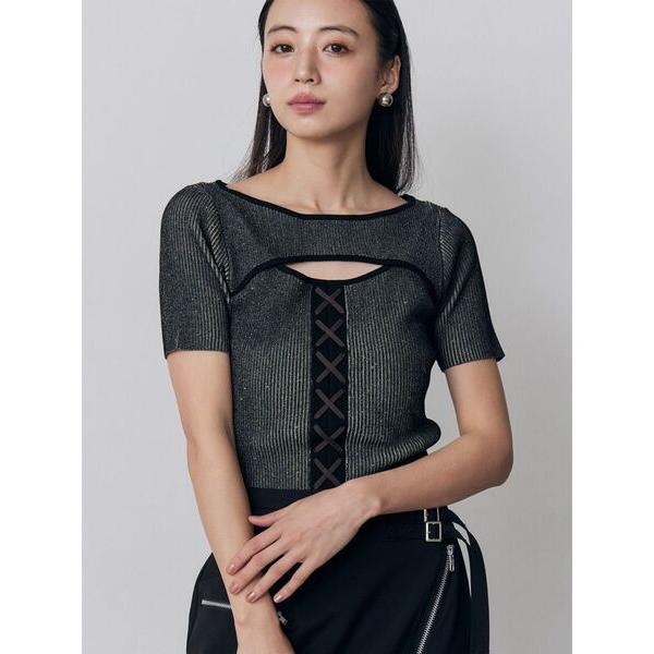 ニット セーター レースアップカットアウトニット　夏服 レディース