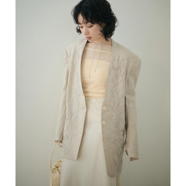 ジャケット ノーカラージャケット botanical embroidery linen jacket...