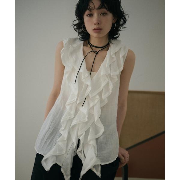 ブラウス シャツ v neck ruffle frill sleeveless blouse /Vネ...