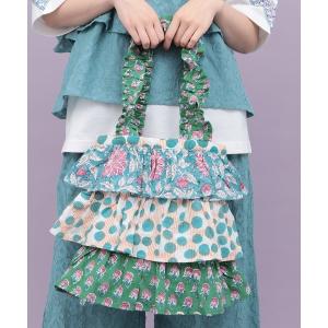 トートバッグ ブロックプリントフリルバッグ レディース