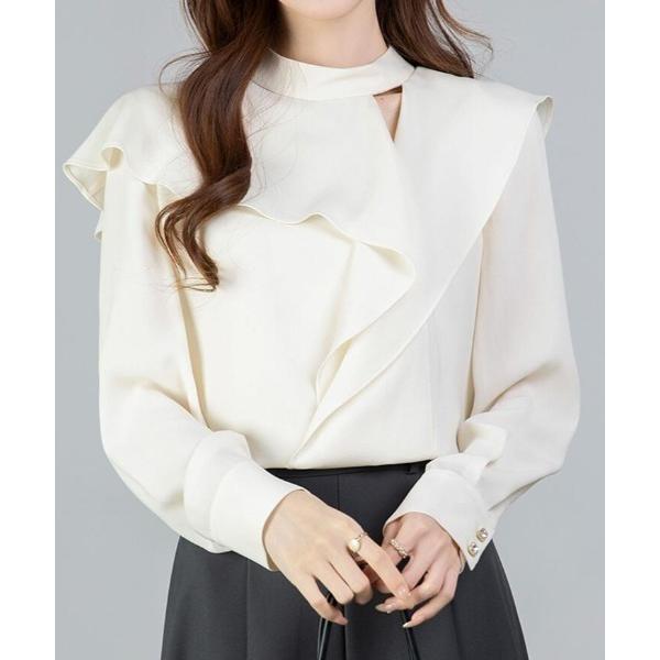 ブラウス シャツ スタンドカラー アシメフリルトップス レディース