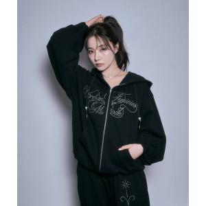 パーカー ラインストーンロゴジップパーカー レディース