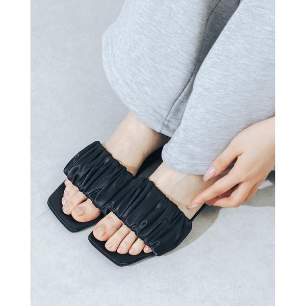 サンダル 「S-LLサイズ展開・クッション入り」スクエアサテンギャザーミュールサンダル JA5944...