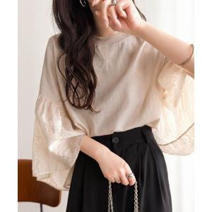 tシャツ 袖の切り替えで軽やかに映える♪楊柳シアー袖配色ステッチトップス レディース