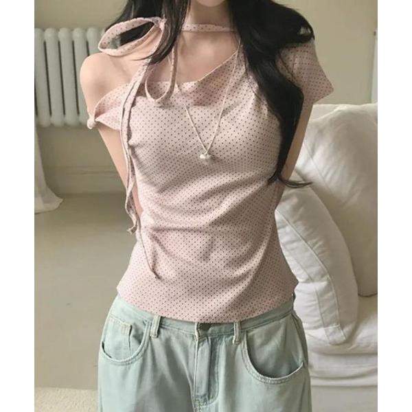 tシャツ 紐付きワンショルドット柄Tシャツ レディース