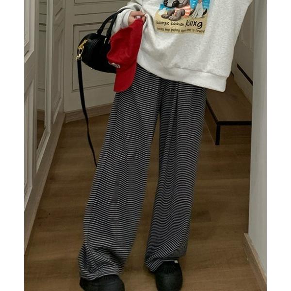 ワイドパンツ パンツ リラックスボーダーワイドストレートスウェットパンツ イージーパンツ レディース