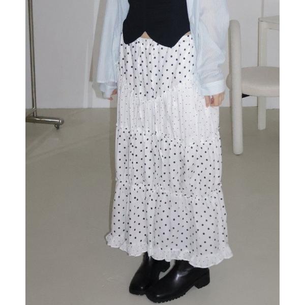 スカート ドット柄ティアードロングスカート
