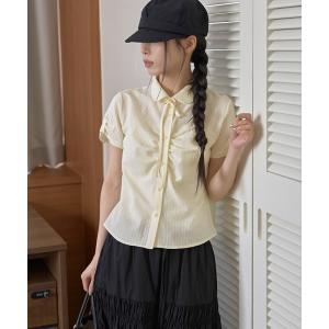 ブラウス シャツ 「2026SS新作アイテム」「UNE ORIGINAL」フロントシャーリングラブリーリボンストライプパフスリーブブラウスシャツ