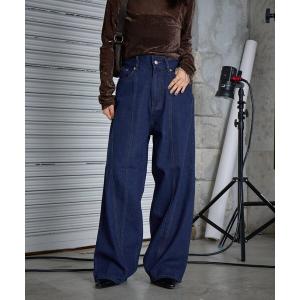 ジーンズ デニム デニムパンツ 「低身長でも着られる」デニム切替えストレートパンツ レディース