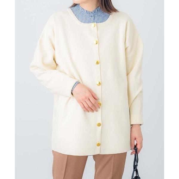 カーディガン 金釦アクセントスポンディッシュニットクルーネックカーディガン レディース