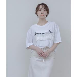 tシャツ ウェーブフリルロゴプリントTシャツ レディース
