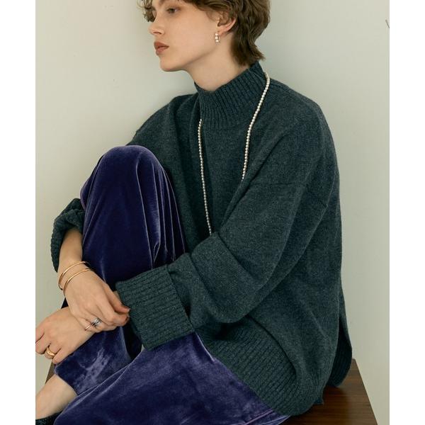 ニット セーター カシミヤ混バックダブルスリットモックネックプルオーバー レディース