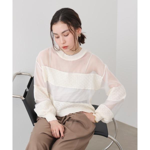 tシャツ 透かし編みオーガンジートップス レディース