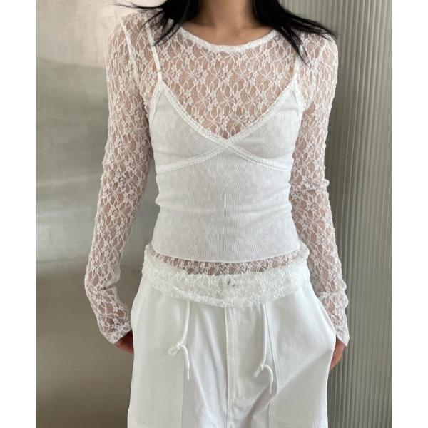 tシャツ シースルーレース フィットロングトップス レディース