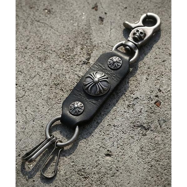 キーホルダー フェイクレザーキーホルダー ウォレットチェーン風 キーフック スカル コンチョ