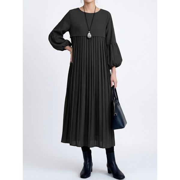 ワンピース プリーツ切替ボリュームスリーブロングワンピース