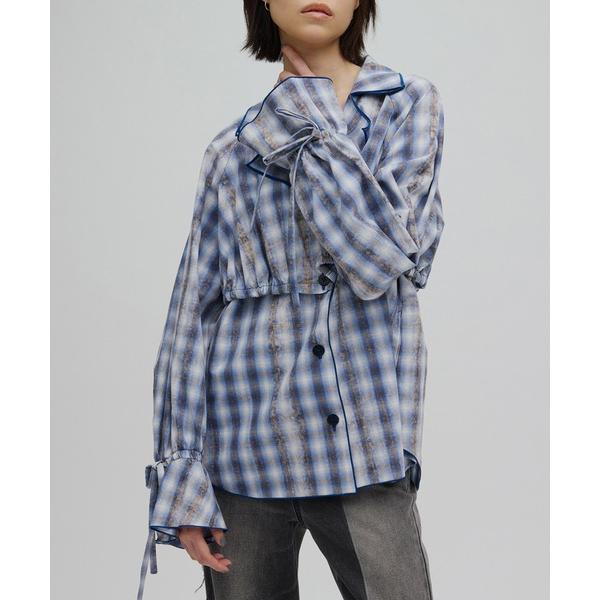 ブラウス シャツ UNEVEN CHECK RIBBON SHIRT レディース