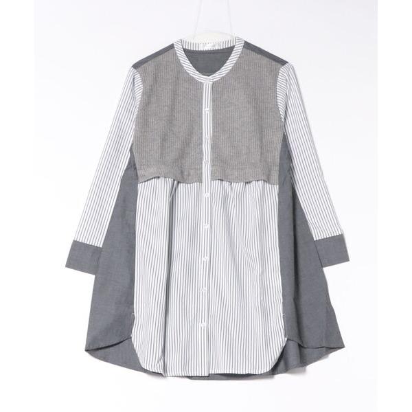 チュニック ストライプ×異素材切替シャツチュニック