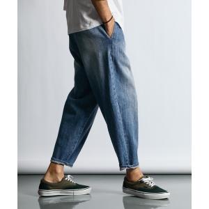 ジーンズ LINEN BLEND WEBBING BELT WIDE DENIM：麻混ストレッチ 2タック イージー ワイドテーパード デニムパンツ