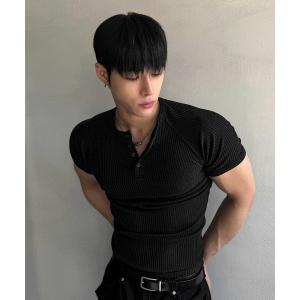 ヘンリーネック tシャツ マッスルフィットヘンリーネック半袖ニット メンズ レディース