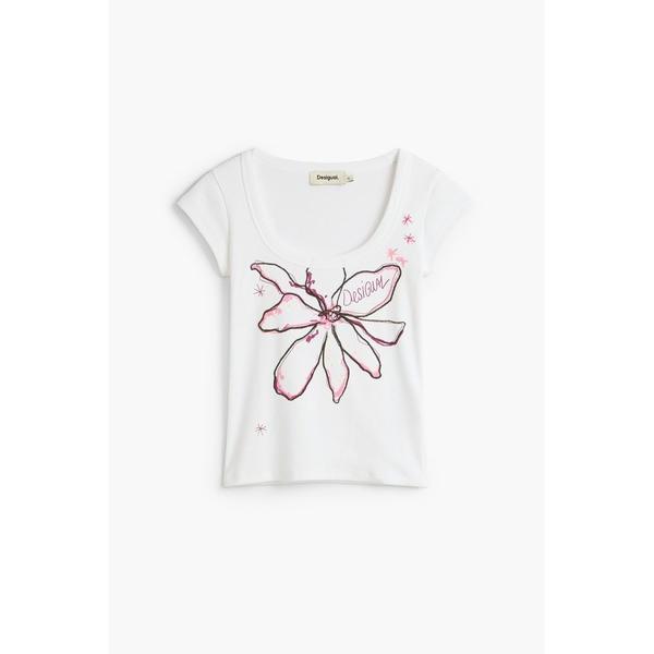 tシャツ バタフライフラワー刺繍風グラフィックT レディース