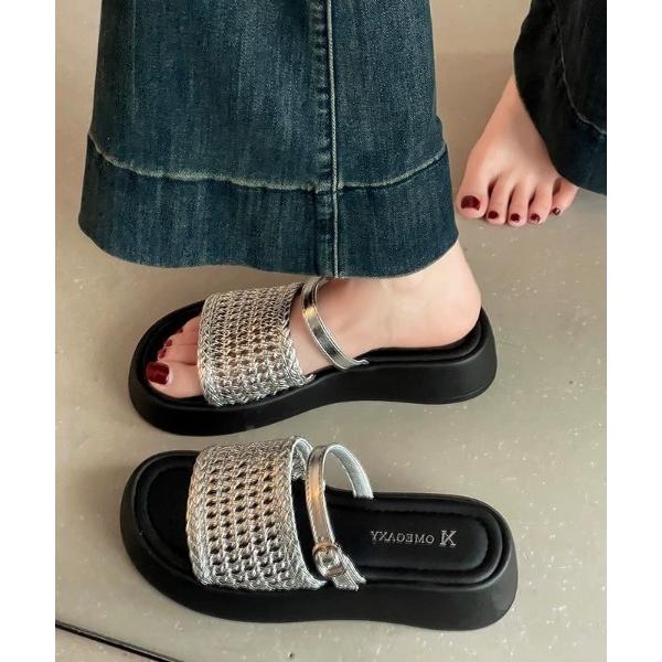「AsRiRe」 フラットサンダル S シルバー レディース