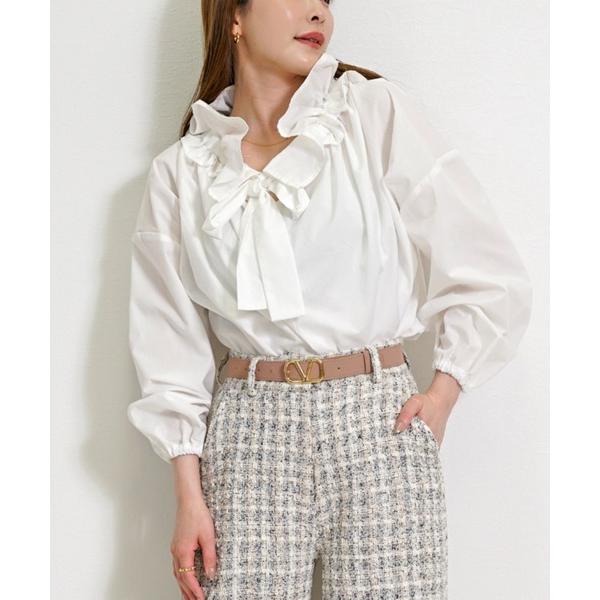 ブラウス シャツ ボウタイブラウス ギャザーネック ボリュームスリーブ フェミニンシャツ レディース